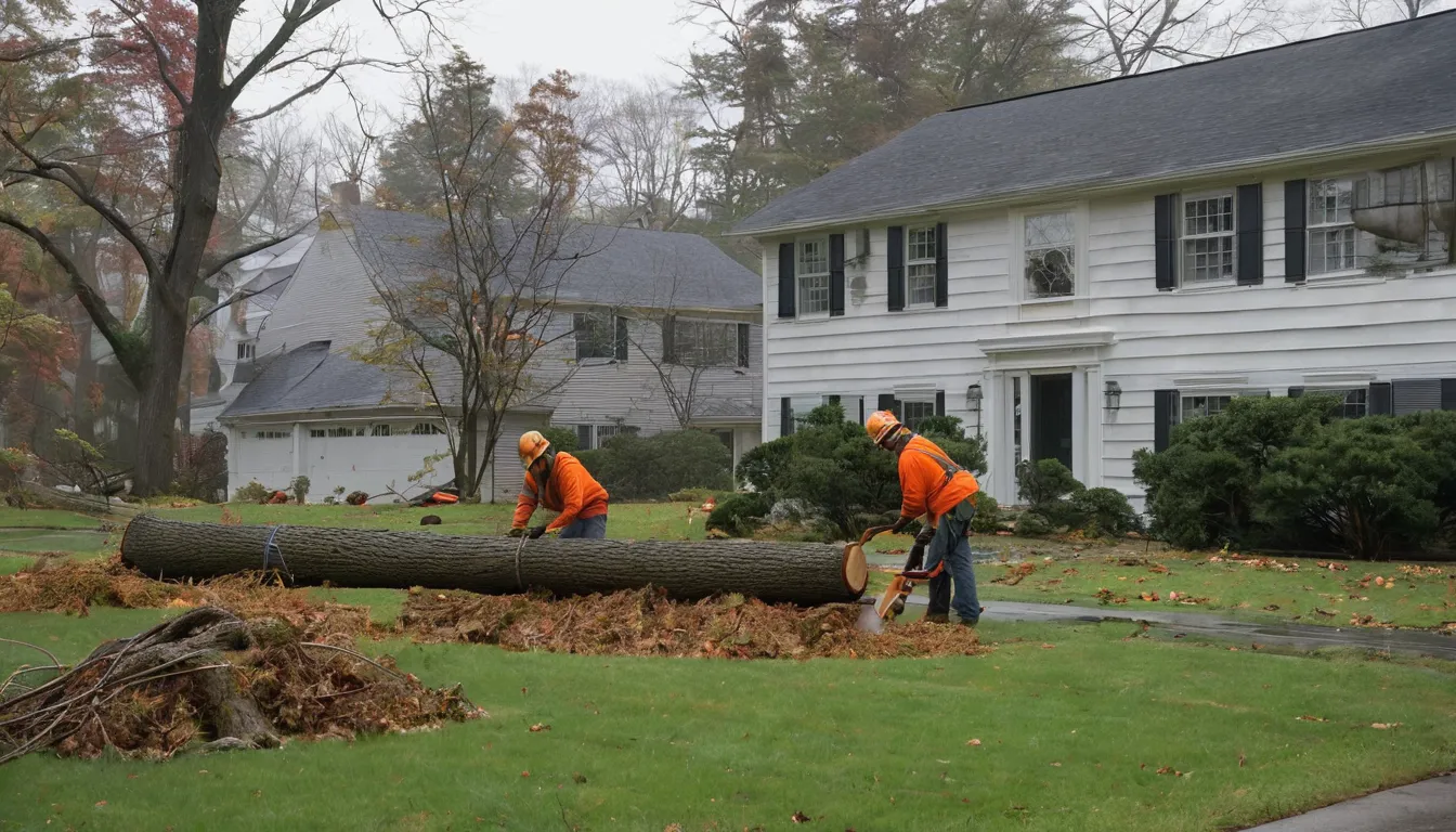 A local tree provider securing a fallen tree beside a house in Quantico after a storm